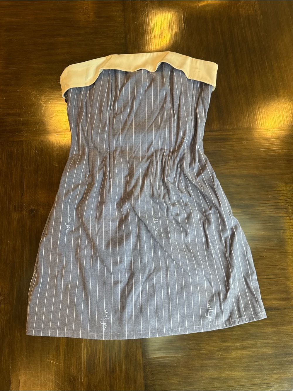 With Jean Chloe Corset strapless Blue Pinstripe Dress with Cream Trim